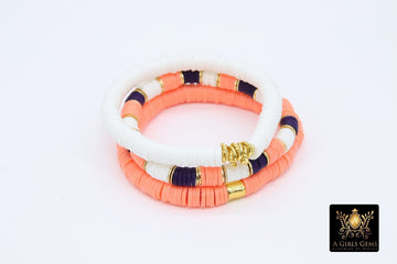 Heishi Beaded Bracelet, Purple Orange White Gold Stretchy Bracelet #698, Clemson Tiger Team School Spirit Clay Beaded Bracelets